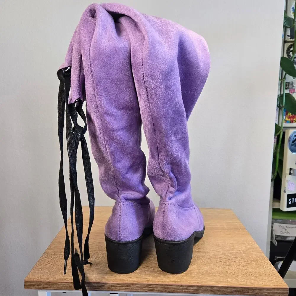 Size 8 Funtasma Lavender Faux Suede Over the Knee Boots Lace Back Coquette Mod
